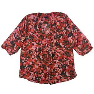 Lands' End Blouse Red Floral Watercolor Top 1X Button Flowy Career 3/4 Sleeve